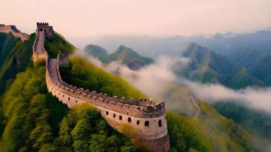 航拍长城山间云雾缭绕美景
