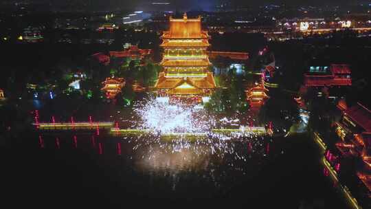 枣庄台儿庄古城夜景打树花航拍宣传片段