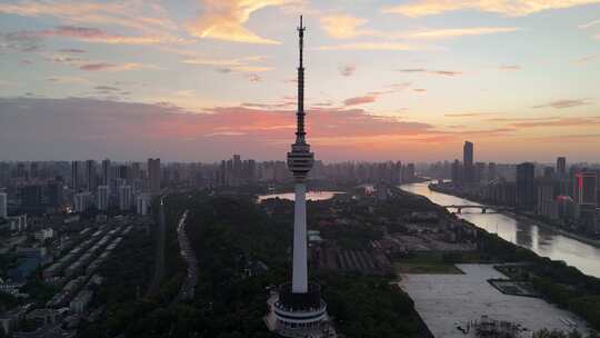 湖北武汉汉江夕阳晚霞夜幕降临航拍