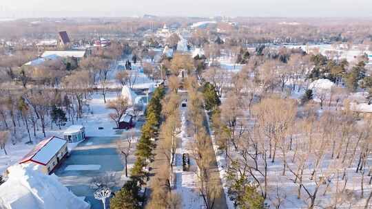 中国黑龙江哈尔滨太阳岛雪博会雪雕航拍