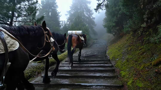 马匹驮货物在山间石阶上行走