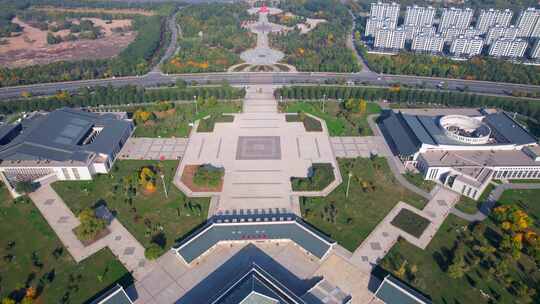 航拍宁夏吴忠城市风景城市街道两馆一中心