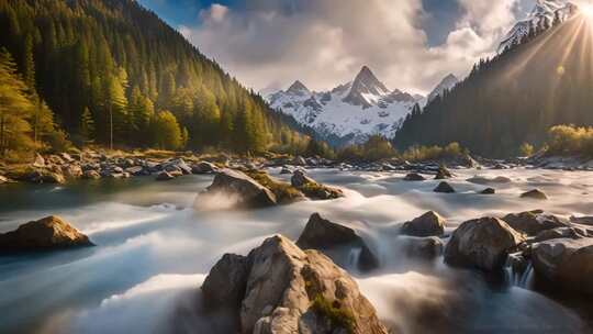 山间河流森林雪山风景