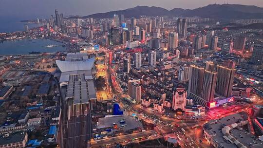 山东烟台港口海滨城市夜景航拍城市风光