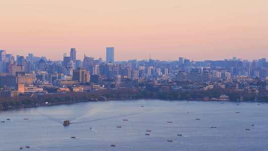 杭州西湖湖滨城市日落建筑风景