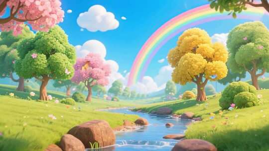 彩色树林鲜花风景卡通动画背景