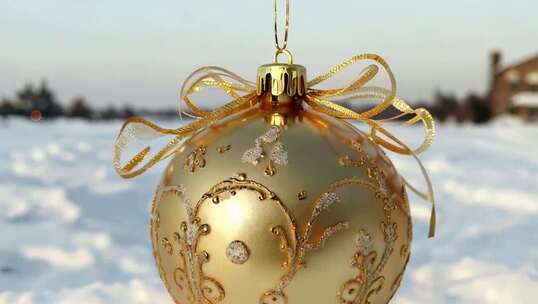 雪地中的金色圣诞装饰球