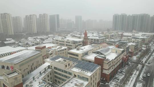 2023元旦济南商业区冬天雪景航拍视频素材模板下载