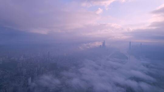 广州城市建筑与日出云雾缭绕唯美风光航拍