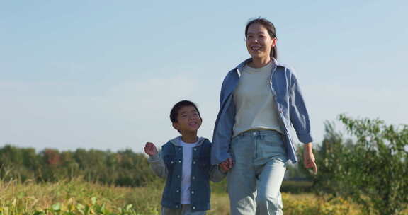 母子在稻田里玩耍