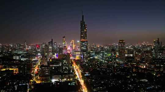 江苏南京CBD紫峰大厦建筑群日落夜景航拍