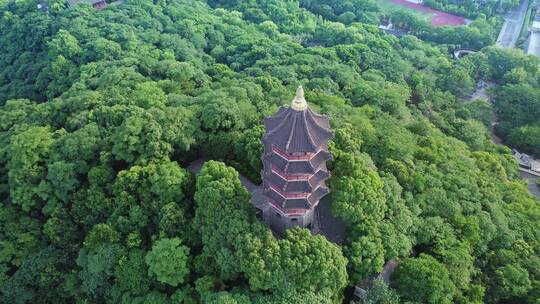 绍兴蕺山公园文笔塔与世茂天际中心建筑风光