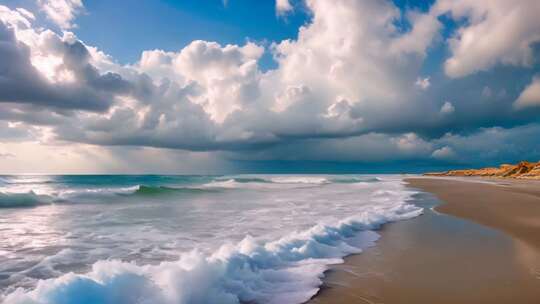 海滩海浪与多云天空景观