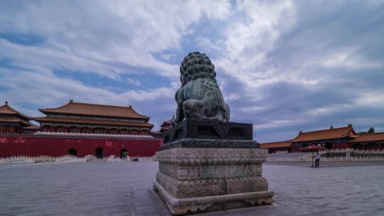 大气磅礴故宫铜狮环绕大范围延时
