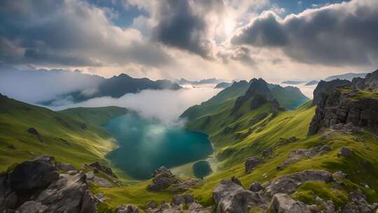 山间湖泊自然风光全景