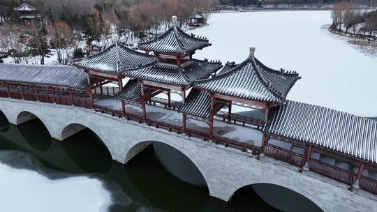 航拍戴河生态园雪景