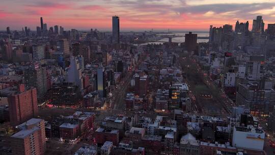 4K城市航拍纽约曼哈顿摩天大楼夜景日落晚霞
