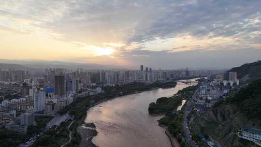 夕阳下的黄河第一桥中山桥航拍