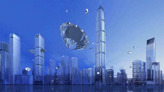 钻石飞越上海城市天际线三维动画
