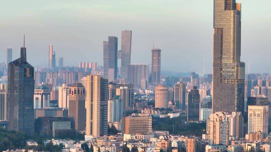 长焦镜头航拍日出阳光下的南京城