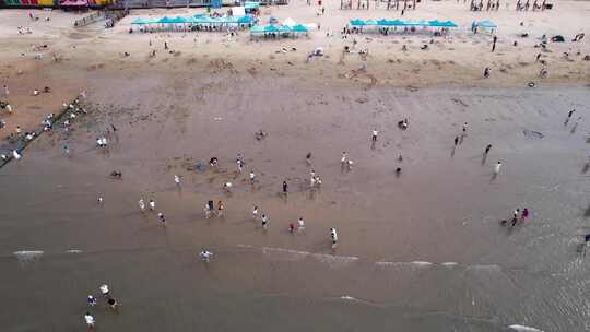 航拍夏天海边浠水消夏的游客