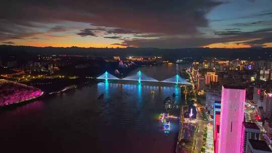 航拍宜昌城市长江夜景