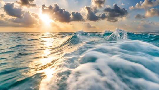 海上日落海浪全景