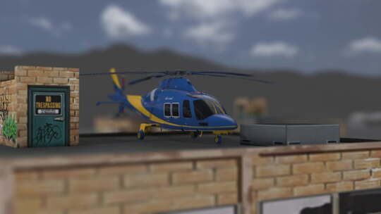 直升机准备在城市一栋建筑的屋顶上飞行