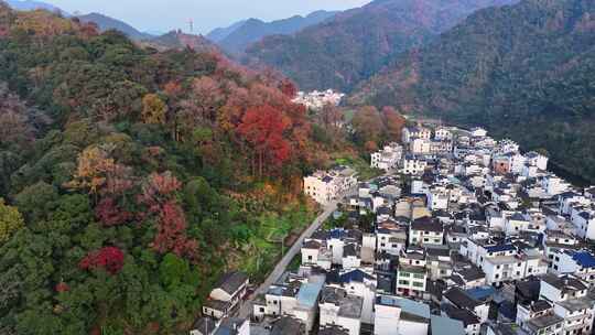 江西上饶婺源长溪红枫村落日落航拍