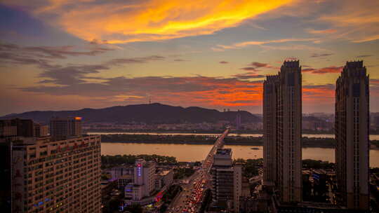 湖南长沙五一路湘江一桥夕阳延时摄影