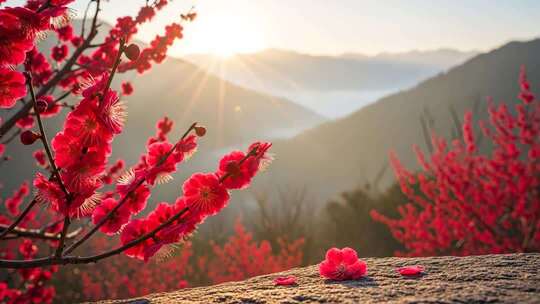 晨曦中的红梅花绽放