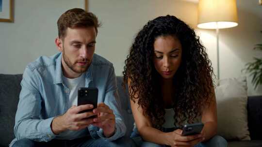 男女沙发上使用智能手机