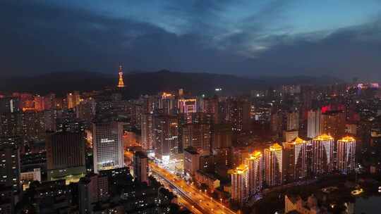 青海西宁城市蓝调时刻夜景航拍