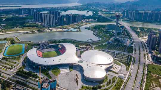 广东肇庆市肇庆新区体育中心延时摄影航拍视频素材模板下载
