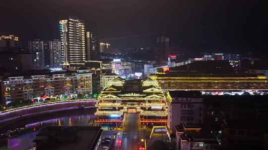 湖南怀化通道廊桥侗族廊桥风雨桥夜景航拍