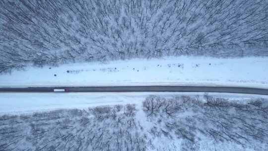 冬季森林里雪地公路上行驶的汽车