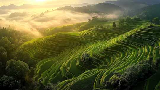 航拍早上梯田云海日出自然风景震撼大气