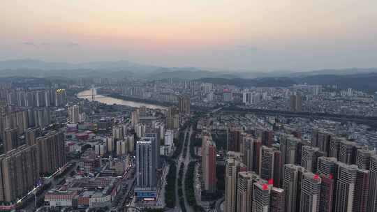 航拍广西百色日落晚霞夕阳