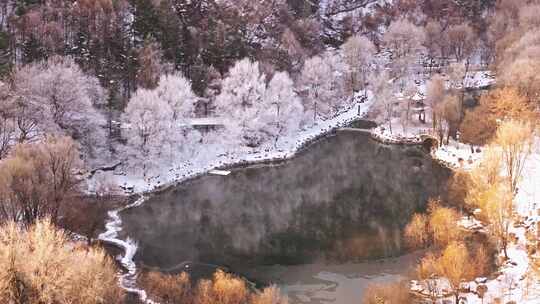 东北本溪水洞冬季雾凇树挂洁白唯美雪景航拍