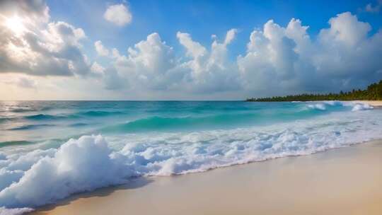 美丽海滩海浪蓝天白云景观