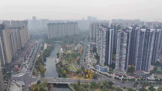 航拍四川成都温江区江安河畔房地产开发建设