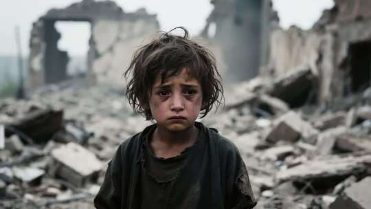 废墟中的孩子特写