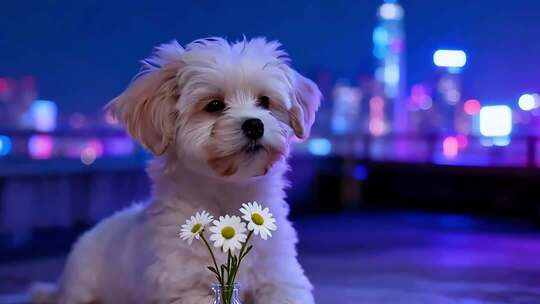 城市夜景前的可爱小狗