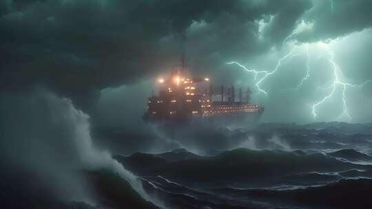 大海海浪 狂风暴雨 轮船灯塔