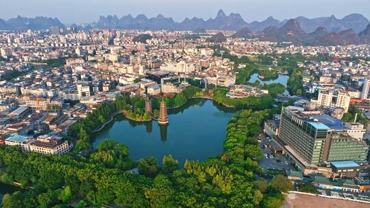 航拍广西桂林市日月双塔文化公园视频素材模板下载