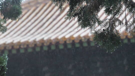 秋季下雨中岱庙古迹古建筑屋檐滴水雨中景色