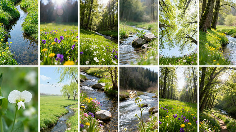 竖屏-春天立春草地野花树林小溪流唯美生态
