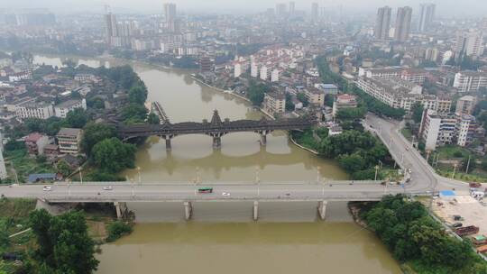 航拍湖南靖州江东大桥江东风雨桥