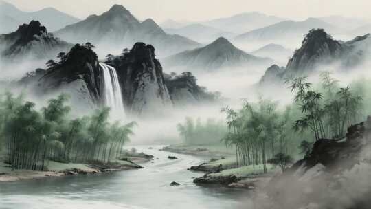水墨山水竹林瀑布风景