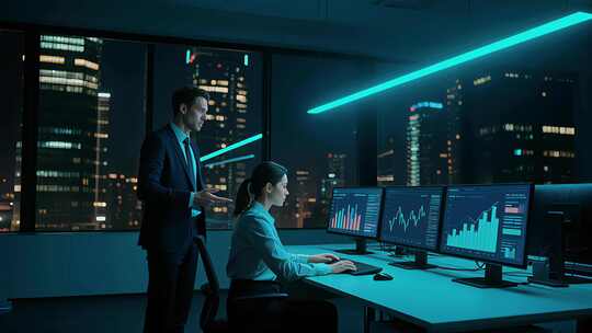 商务人士熬夜加班办公室金融科技视频